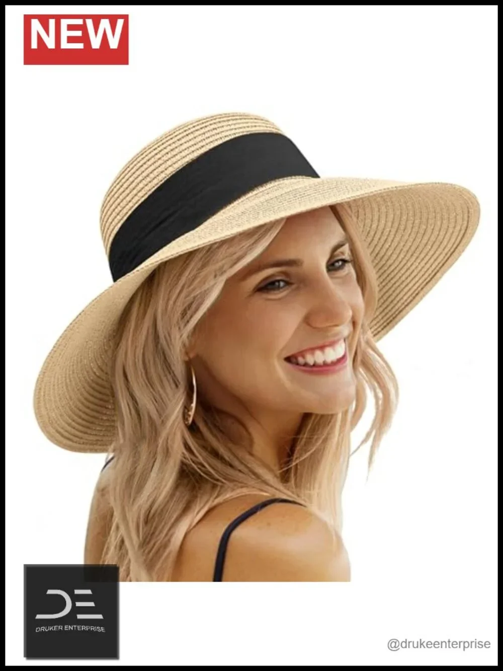 Wide Brim Straw Sun Hat with Chin Strap, Foldable UV Protection